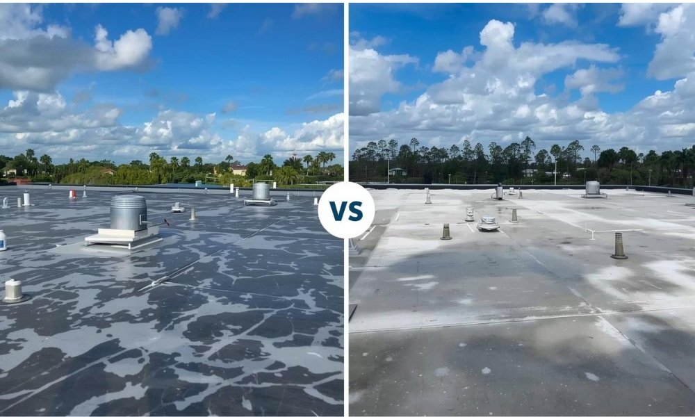 A split visual comparison of roof coating application and a full roof replacement on a commercial property in Florida, highlighting the differences in process and material intensity which influence the cost comparison.