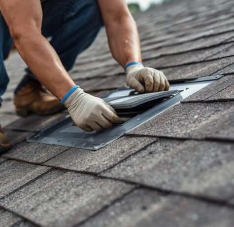A close-up view of a professional roofing contractor applying specialized sealant and replacing shingles around a roof vent on a Florida home, highlighting the skilled labor required to fix a common leak source.