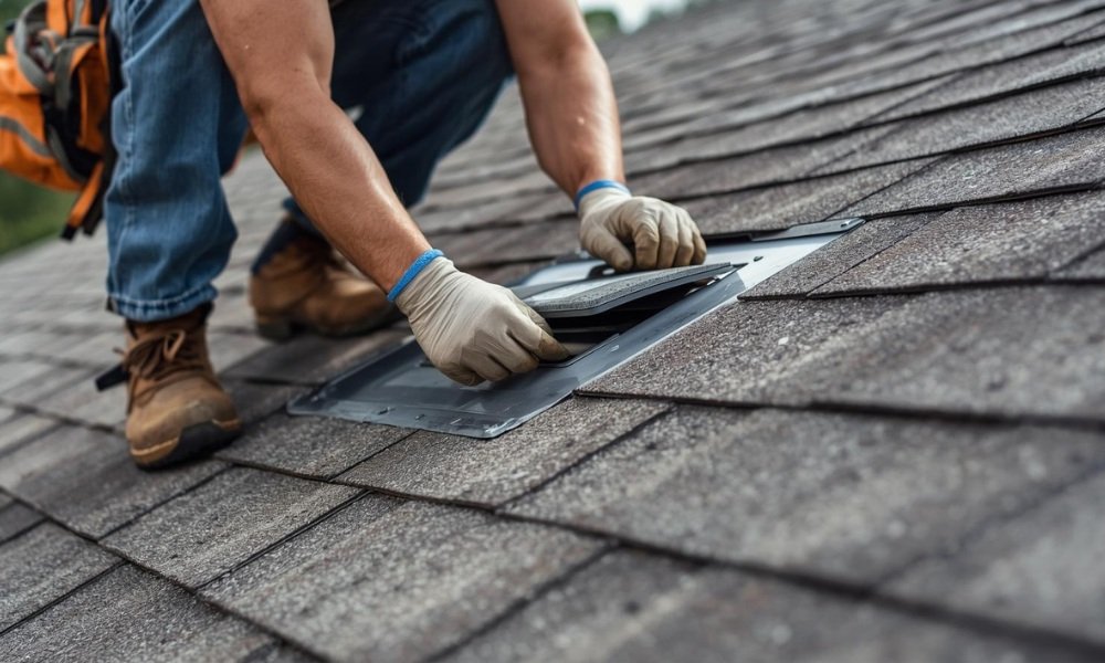 A close-up view of a professional roofing contractor applying specialized sealant and replacing shingles around a roof vent on a Florida home, highlighting the skilled labor required to fix a common leak source.