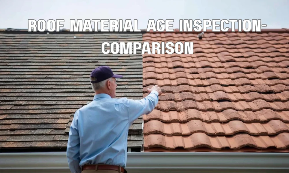 A professional inspector pointing out the difference in wear between an aging asphalt shingle section and a newer tile roof section on a Florida home.