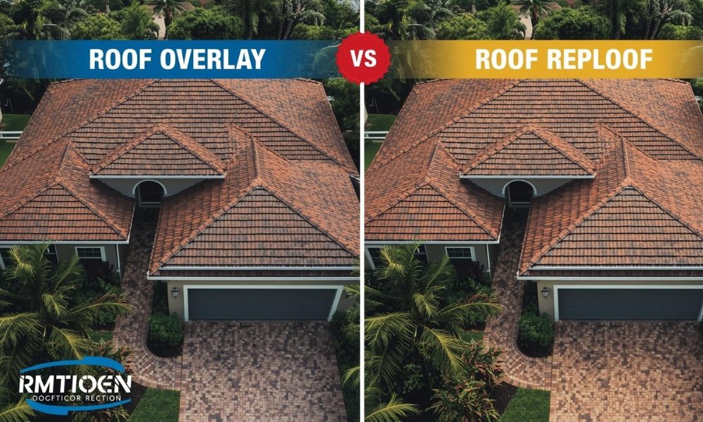 A comparison visual of a roof overlay process versus a full roof replacement on a Florida home.