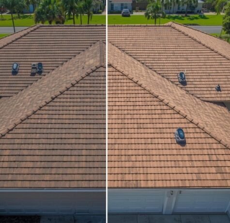 A split visual comparison of a roof overlay process versus a full roof replacement on a residential home in Florida, highlighting the differences in materials and labor that determine the cost comparison.