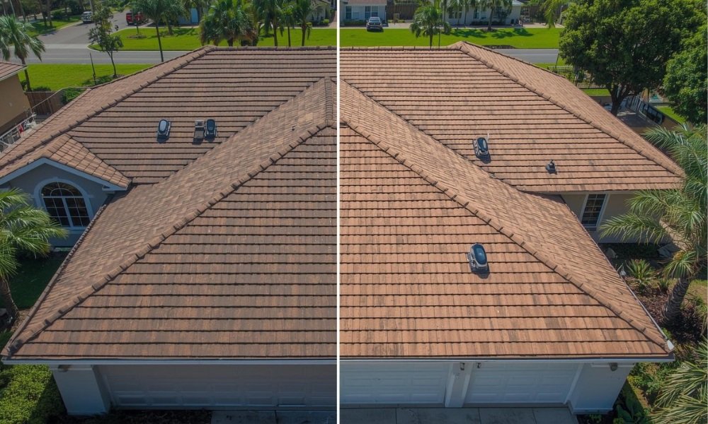 A split visual comparison of a roof overlay process versus a full roof replacement on a residential home in Florida, highlighting the differences in materials and labor that determine the cost comparison.