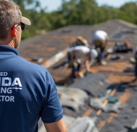 A licensed Florida roofing contractor in a branded polo shirt with proper documentation oversees a team of roofing crew members actively working on a residential roof in sunny Florida, ensuring quality and compliance.