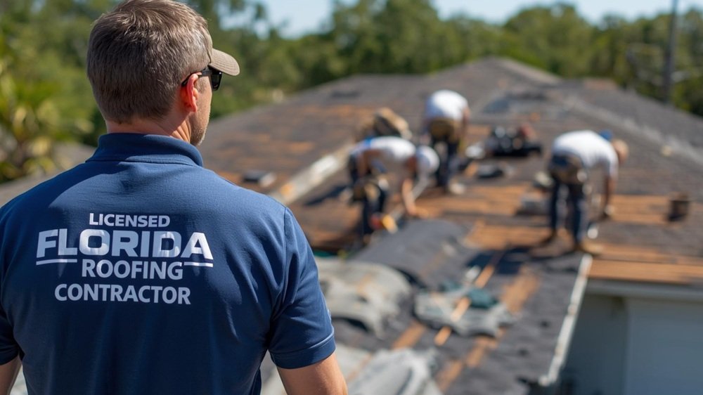 A licensed Florida roofing contractor in a branded polo shirt with proper documentation oversees a team of roofing crew members actively working on a residential roof in sunny Florida, ensuring quality and compliance.