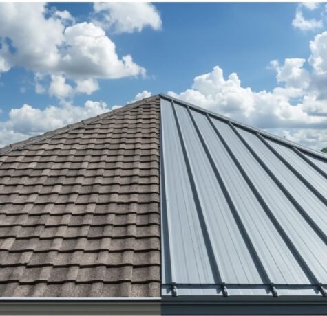 A photorealistic visualization comparing a dark grey architectural asphalt shingle roof section with a modern standing-seam metal roof section on a coastal home in Florida, illustrating the 2026 cost and style guide topic.