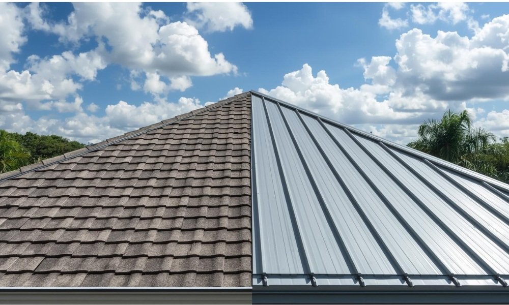 A photorealistic visualization comparing a dark grey architectural asphalt shingle roof section with a modern standing-seam metal roof section on a coastal home in Florida, illustrating the 2026 cost and style guide topic.