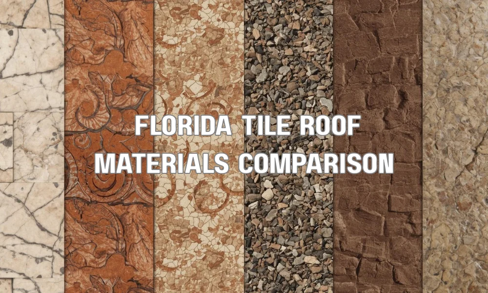 A comparison shot featuring sections of three different Florida tile roofs: durable concrete, classic clay Spanish-style barrel, and elegant glazed ceramic, showing their unique textures and colors.