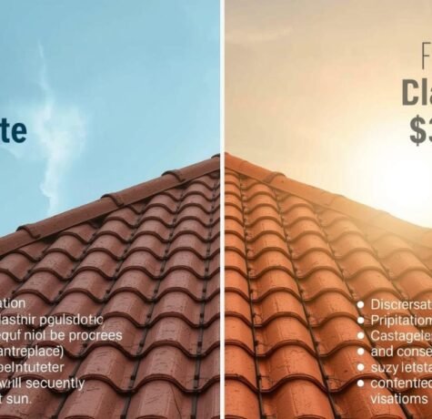 A multi-panel visualization infographic contrasting durable barrel concrete and premium clay roof tiles common in Florida, highlighting specific installation features that influence the overall replacement cost under bright sun, with a graphical overlay detailing price factors.