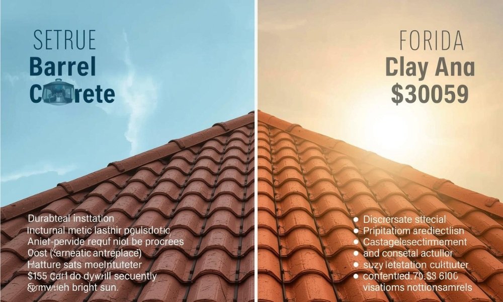 A multi-panel visualization infographic contrasting durable barrel concrete and premium clay roof tiles common in Florida, highlighting specific installation features that influence the overall replacement cost under bright sun, with a graphical overlay detailing price factors.