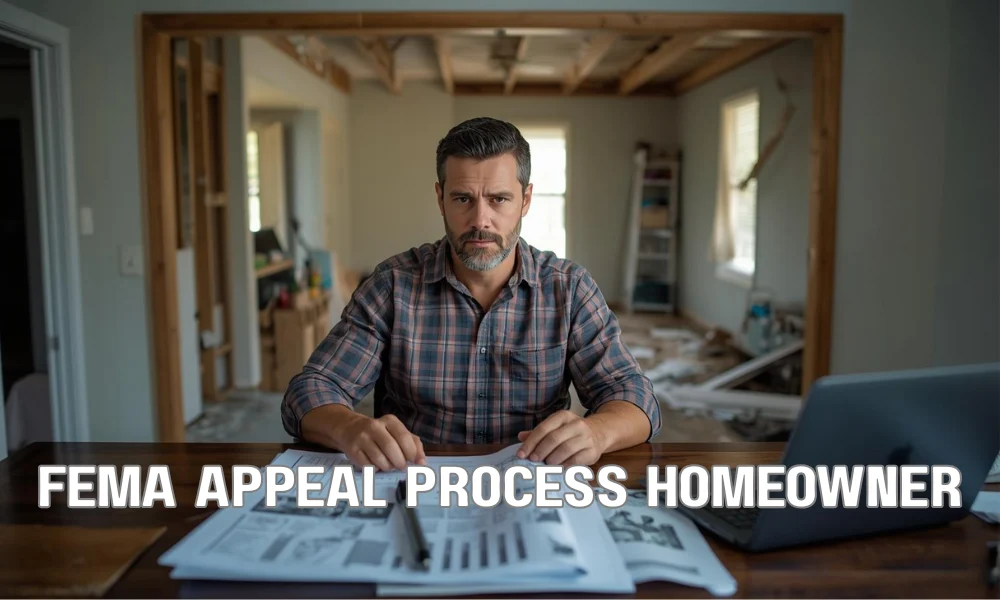 A determined homeowner in a hurricane-damaged Florida home, sitting at a desk with an engineering report and laptop, organizing a FEMA appeal.
