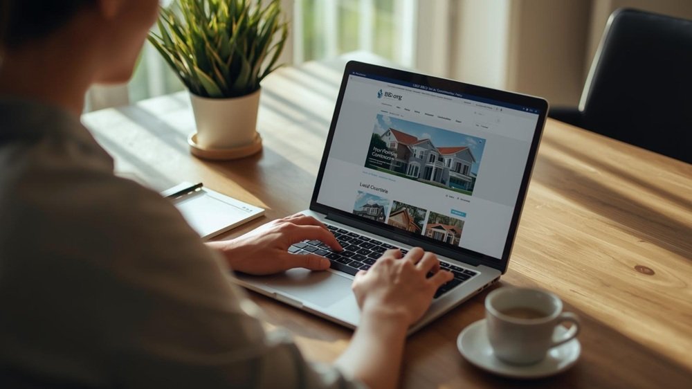 A homeowner sits at a sunlit desk in Fort Lauderdale, using a laptop to search the BBB.org website for local roofing contractors, with a notepad and coffee cup nearby.