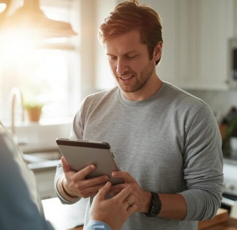 A Fort Lauderdale homeowner uses a tablet in their sunlit kitchen to check the Better Business Bureau (BBB) rating of a local roofing company before hiring them.