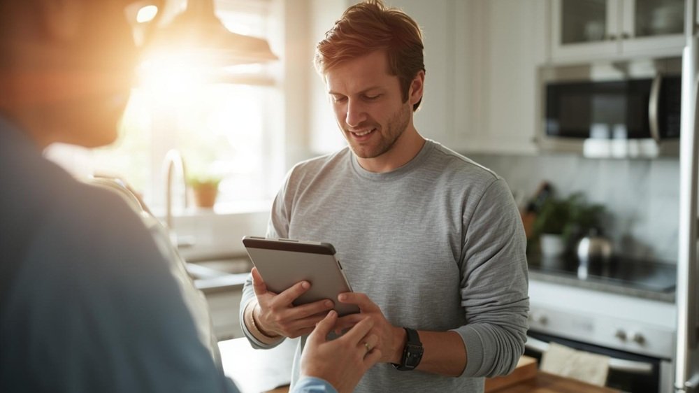 A Fort Lauderdale homeowner uses a tablet in their sunlit kitchen to check the Better Business Bureau (BBB) rating of a local roofing company before hiring them.