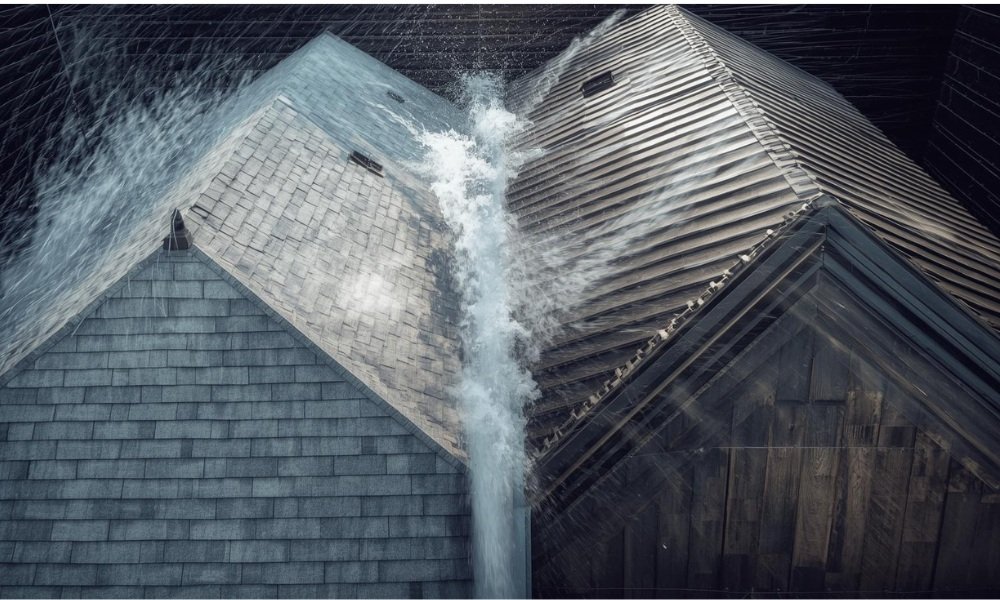 A detailed photograph comparing a standard shingle roof and a robust standing-seam metal roof during a wind test simulation.