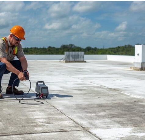 A certified roofing inspector in Fort Lauderdale using specialized moisture detection equipment on a modern commercial flat roof, illustrating how proactive inspections prevent expensive, hidden water damage.