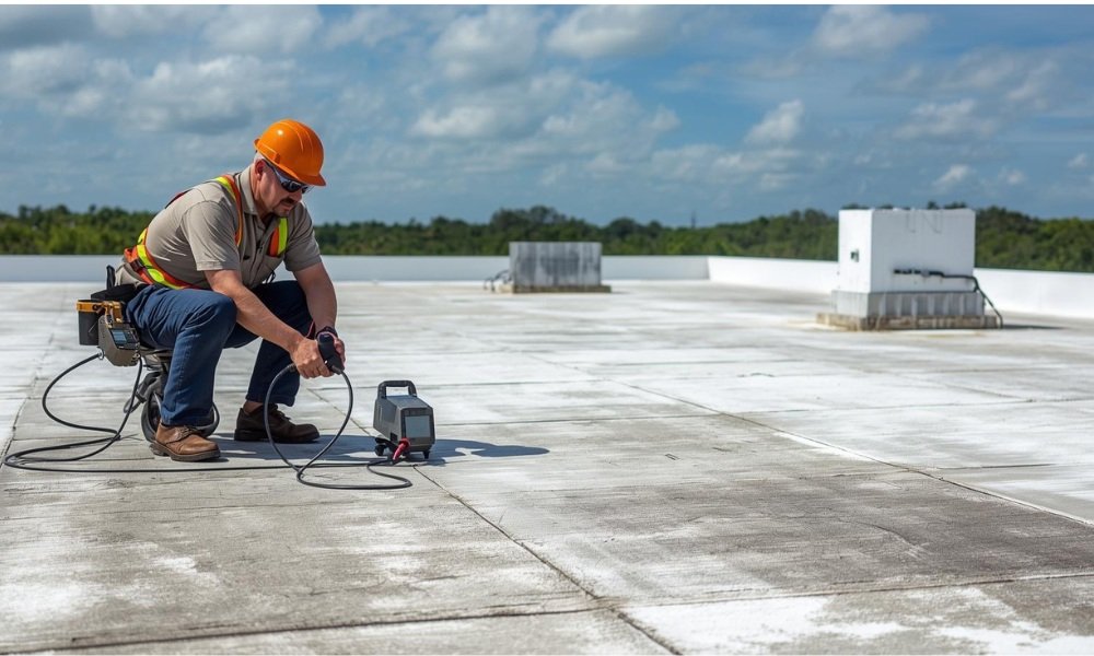 A certified roofing inspector in Fort Lauderdale using specialized moisture detection equipment on a modern commercial flat roof, illustrating how proactive inspections prevent expensive, hidden water damage.