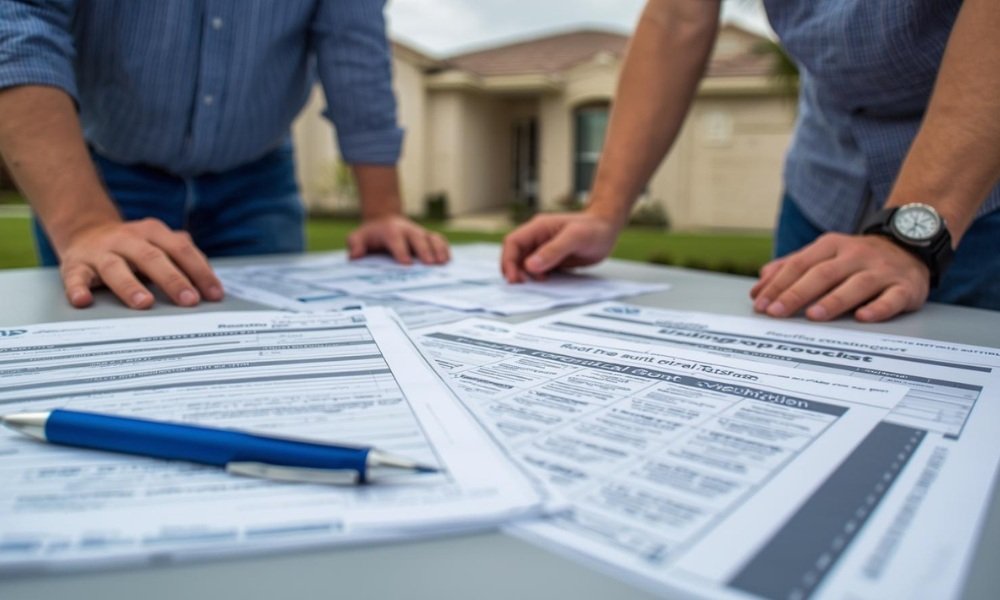A close-up view of a homeowner and a roofing contractor in Fort Lauderdale reviewing official city permitting documents, building code checklists, and insurance claim forms on a table outside a residential home with a partially completed roof replacement.