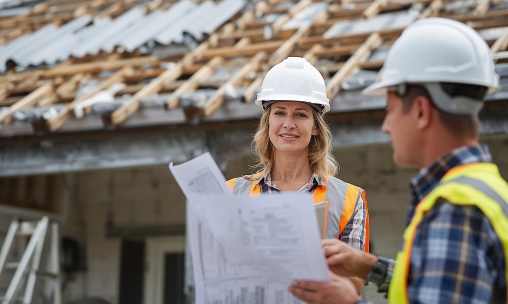 A City of Fort Lauderdale building inspector reviews roofing plans and a permit document with a contractor outside a residential home with a partially finished metal roof.