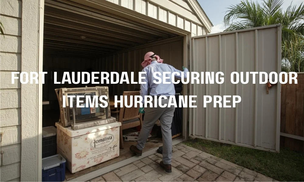 A medium shot of a man moving outdoor patio furniture into a storage shed in Fort Lauderdale during a sunny, calm afternoon, preparing for a hurricane.