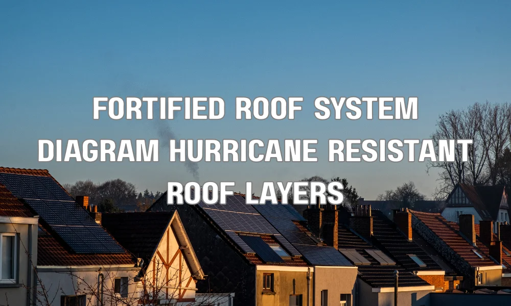 Diagram of a fortified roof system showing reinforced roof deck attachment, secondary water barrier underlayment, and impact-resistant roofing materials designed for hurricane resilience.