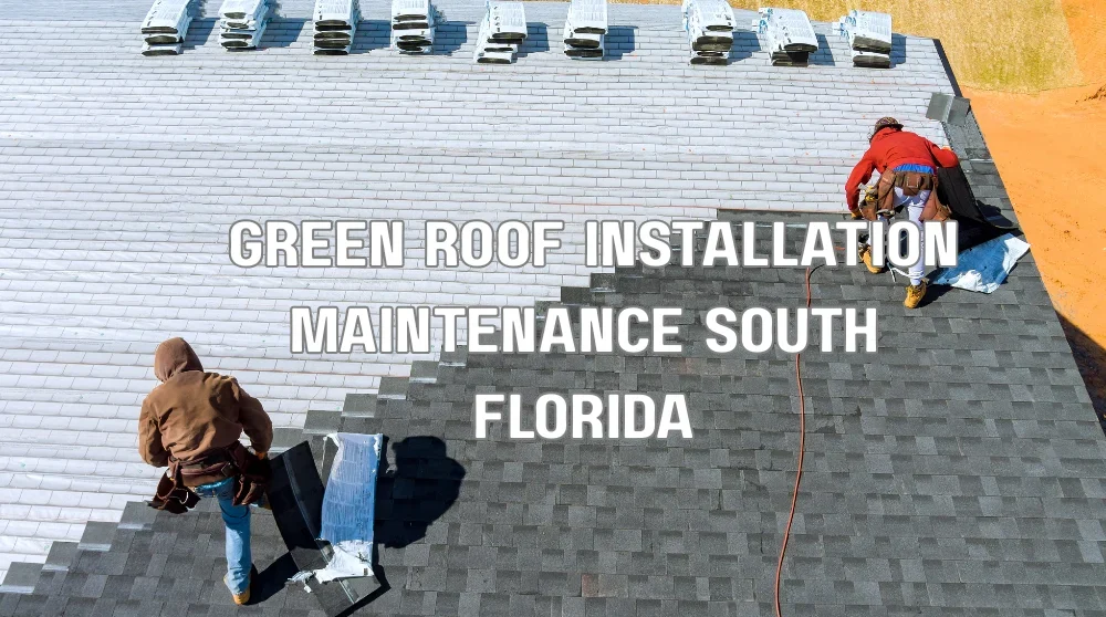 A detailed close-up of a multi-layered extensive green roof system being installed on a building in South Florida, showcasing the drainage layer, growing medium, and small succulent plants, with a worker performing final adjustments.
