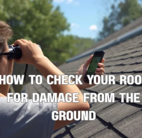 An illustration of a homeowner standing in their yard using binoculars and a smartphone to inspect their roof. Callout bubbles highlight four key signs of damage: 'MISSING SHINGLES,' 'CURLING OR BUCKLING,' 'DEBRIS ACCUMULATION,' and 'FLASHING ISSUES (NEAR CHIMNEY).'