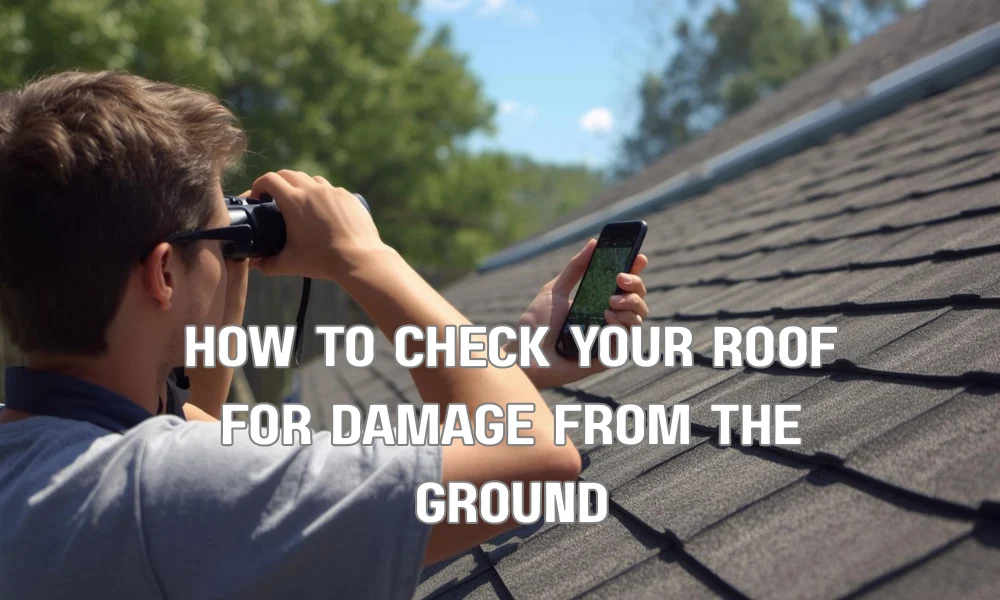 An illustration of a homeowner standing in their yard using binoculars and a smartphone to inspect their roof. Callout bubbles highlight four key signs of damage: 'MISSING SHINGLES,' 'CURLING OR BUCKLING,' 'DEBRIS ACCUMULATION,' and 'FLASHING ISSUES (NEAR CHIMNEY).'