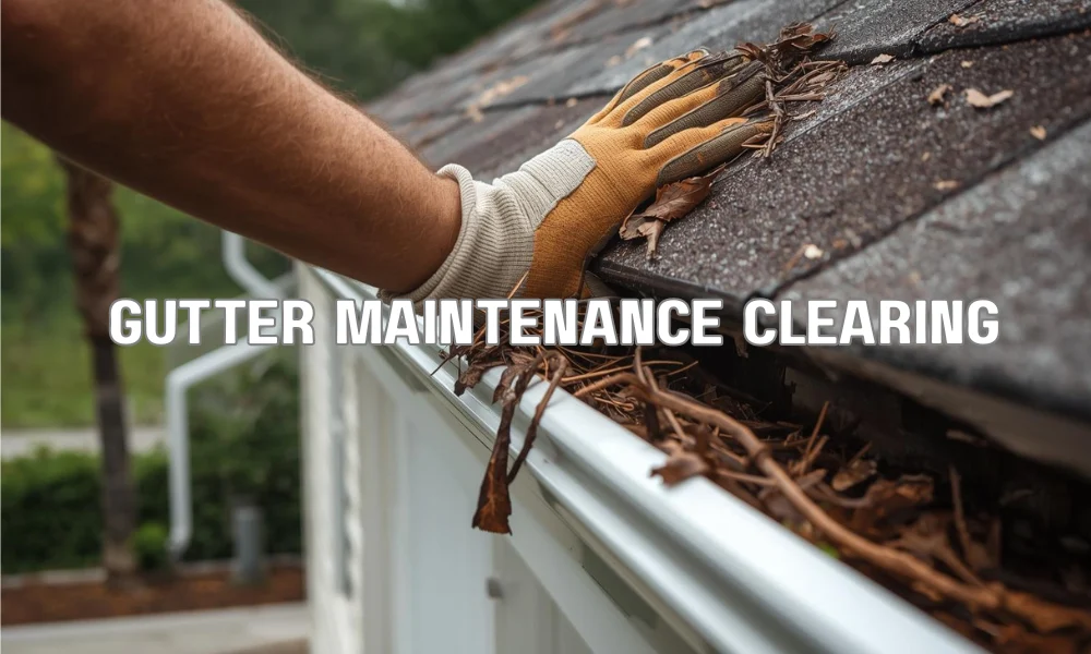 A close-up view of a hand wearing a work glove actively removing a clog of leaves and twigs from a residential gutter on a Florida home, with a downspout visible.