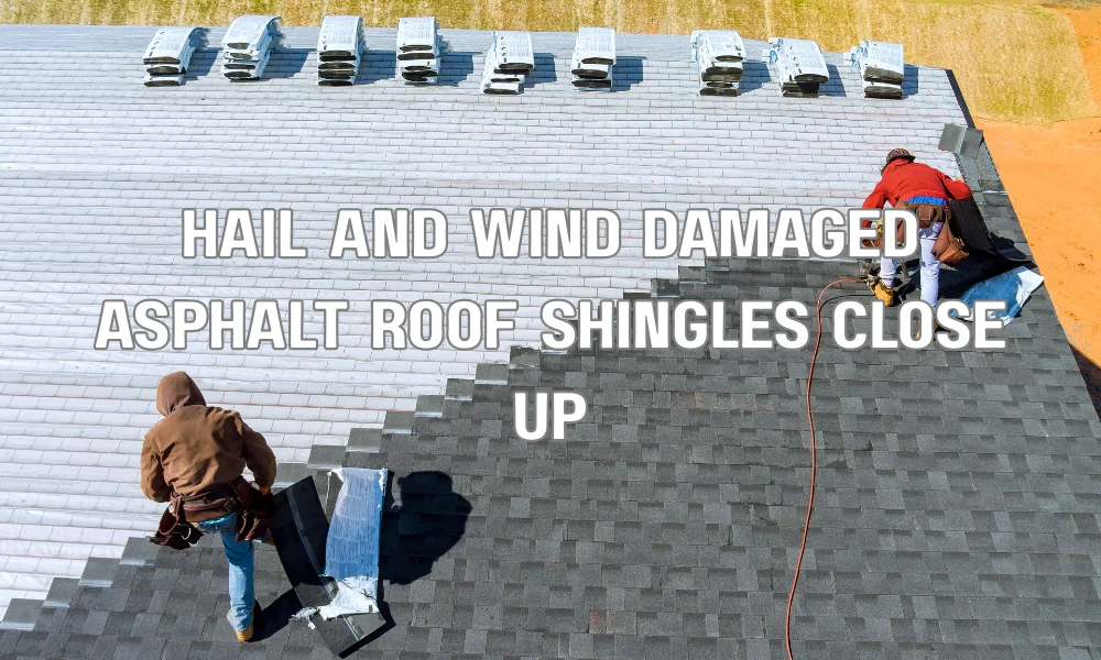 Close-up of asphalt roof shingles showing hail dents and wind damage with lifted and missing shingles