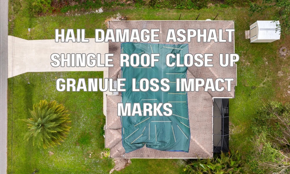 Close-up of hail damage on asphalt shingle roof showing granule loss and impact marks