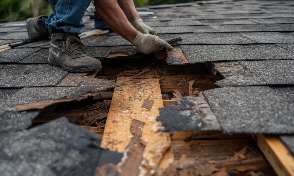 A close-up view of a roofing crew tearing off old shingles on a South Florida home, revealing rotten plywood decking underneath that requires unexpected, costly repair.