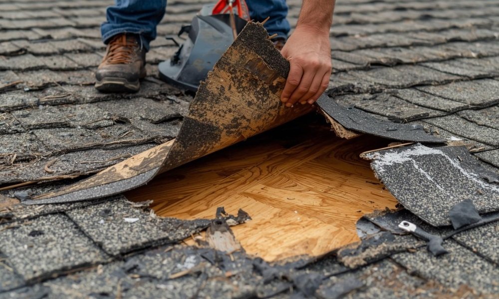 A close-up view of a roofing crew peeling back old shingles on a residential roof in South Florida, revealing soft, water-damaged, and rotten plywood decking underneath, highlighting unexpected repair costs.