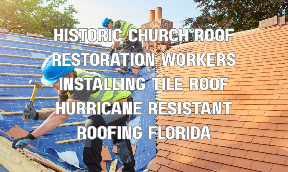 Workers restoring a historic church roof in South Florida using hurricane-resistant materials under building code regulations