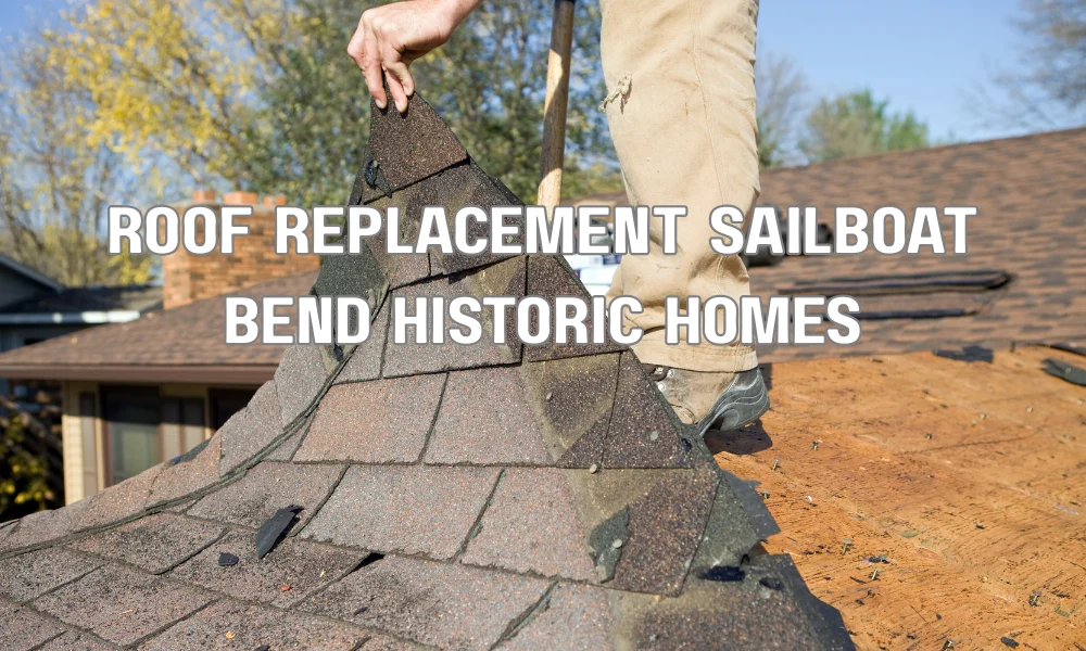 Roof replacement on a historic Sailboat Bend style home with workers installing new shingles