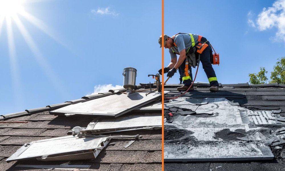 A comparison visual graphic illustrating the primary factors influencing roof repair costs in Hollywood, FL, showing a contractor assessing diverse damage on a single roof with distinct material sections, under bright sun.