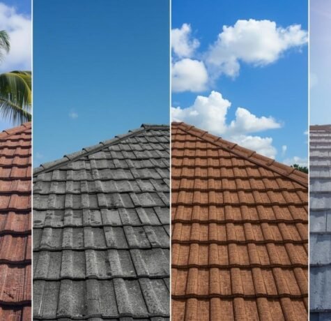A multi-panel visualization infographic breaking down the core services, estimated costs, and essential selection criteria for top roofing contractors in Hollywood, Florida, contrasting multi-material repairs, cost-driving factors, and professional qualifications under bright sun.