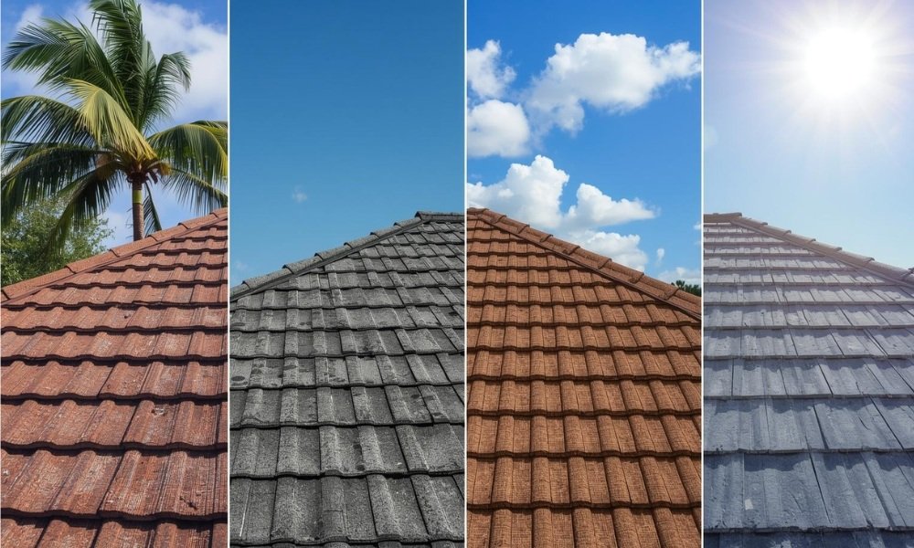 A multi-panel visualization infographic breaking down the core services, estimated costs, and essential selection criteria for top roofing contractors in Hollywood, Florida, contrasting multi-material repairs, cost-driving factors, and professional qualifications under bright sun.