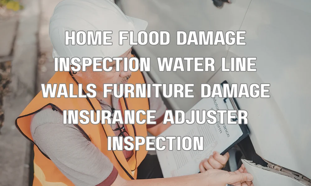 Insurance adjuster inspecting flood damage inside a home showing water lines and damaged furniture