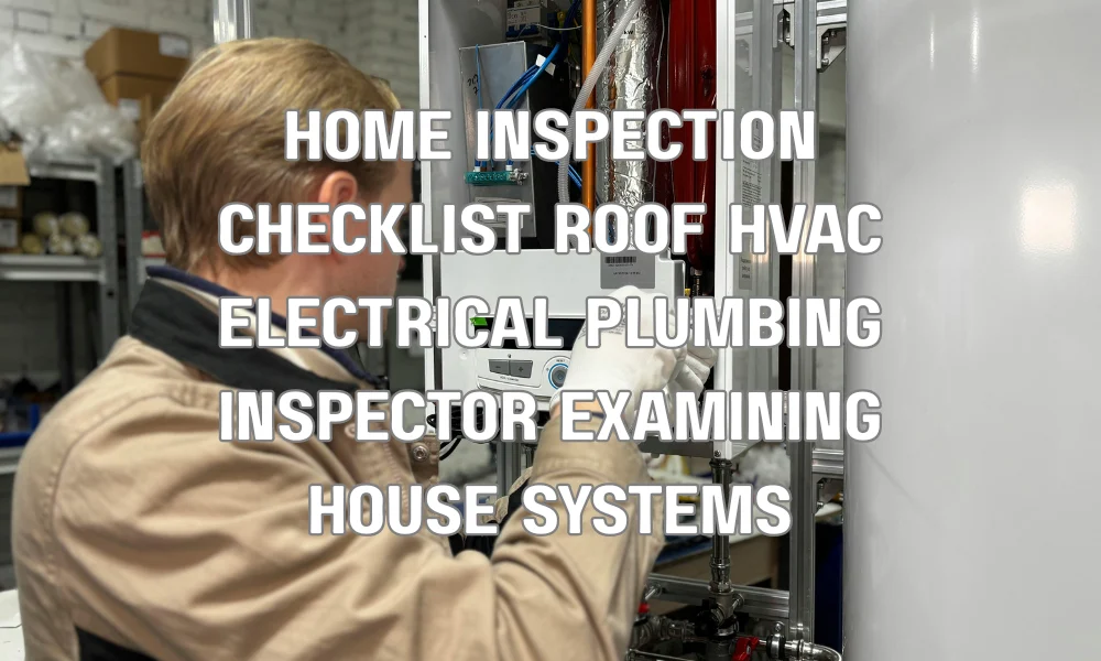 Home inspector checking roof, HVAC, electrical, and plumbing systems during a 4-point inspection