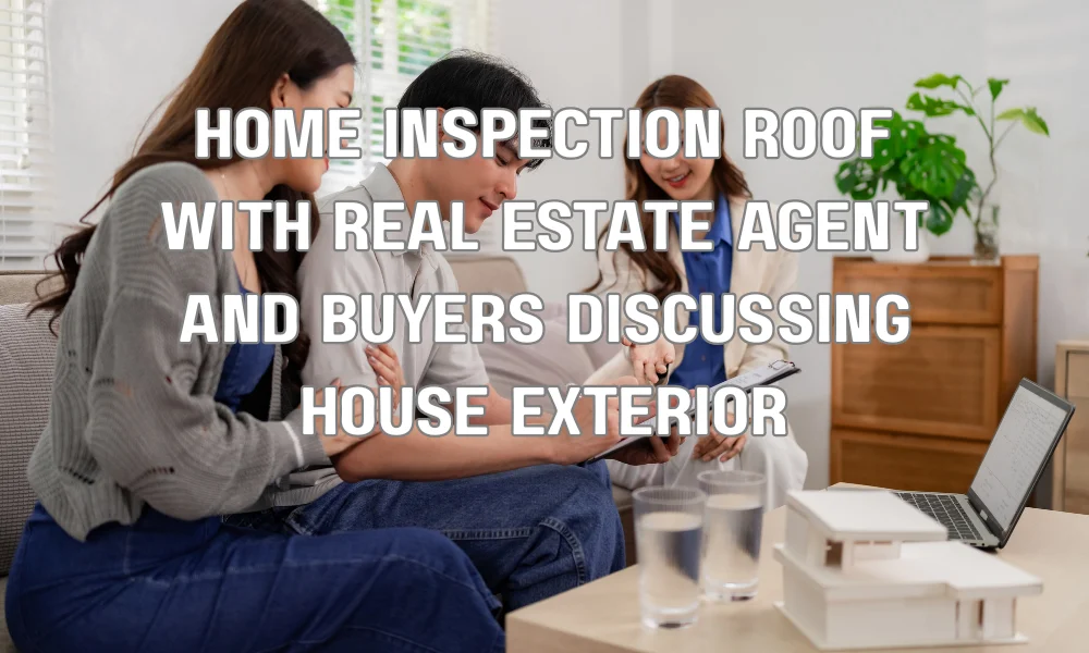 Homebuyers and real estate agent inspecting a residential roof, highlighting the value of a transferable roof warranty in Florida