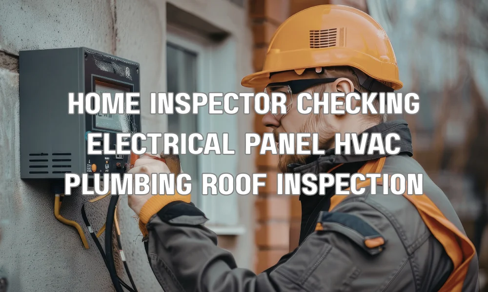 Home inspector examining major systems during a 4-point home inspection including electrical panel, HVAC, plumbing, and roof condition