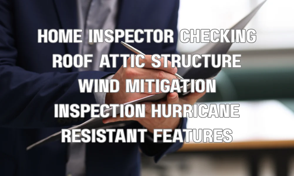 Home inspector assessing roof structure and attachments during a wind mitigation inspection in South Florida
