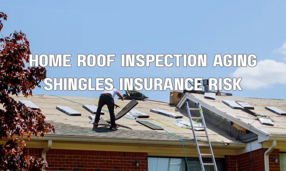 Inspector examining aging roof shingles to assess insurance risk and roof condition