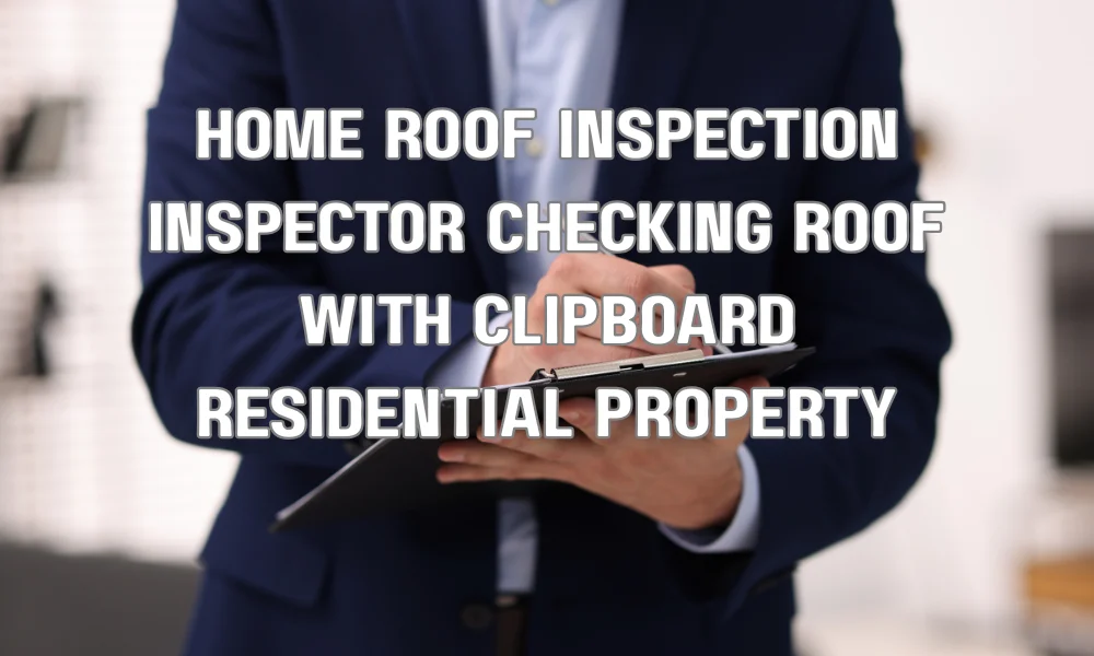 Professional home inspector checking residential roof with clipboard for inspection report during home sale process