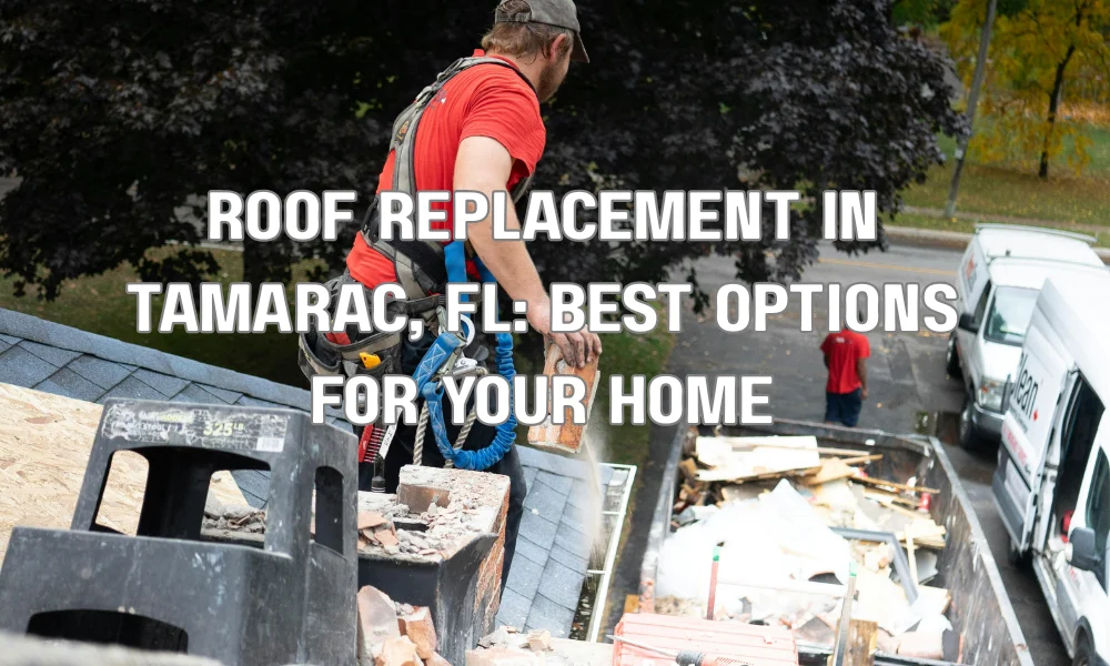 Roof replacement on a residential home in Tamarac, Florida with contractors installing asphalt shingles