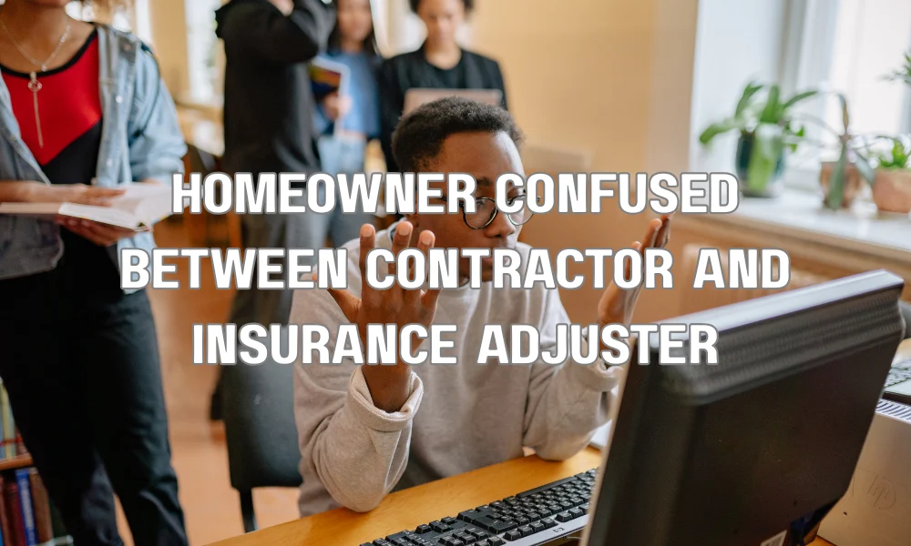 Homeowner reviewing insurance claim paperwork while contractor discusses repairs, illustrating conflict of interest in claim management