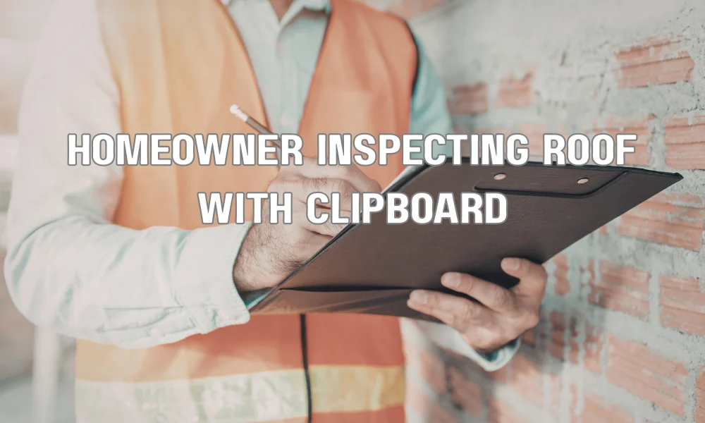 Homeowner inspecting roof and documenting its condition for insurance and maintenance records