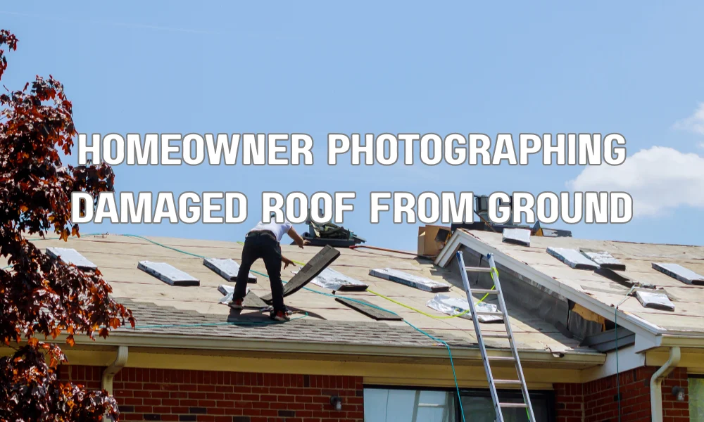 Homeowner safely photographing storm-damaged roof from the ground to document initial damage for insurance
