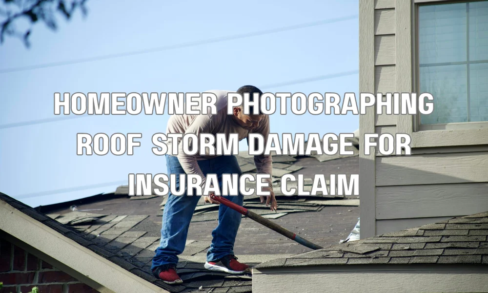 Homeowner documenting wind damage on roof with photos for insurance claim